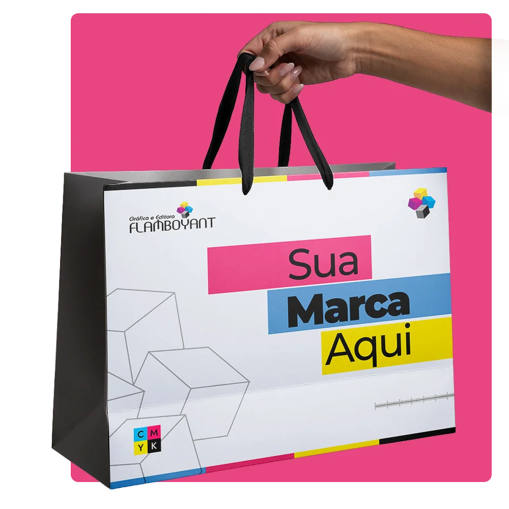 Sacola personalizada Gráfica Flamboyant — alça de fita, impressão premium